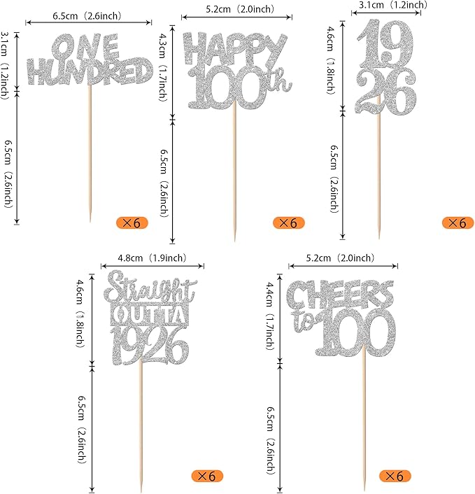 30 PCS 100th Birthday Cupcake Toppers Glitter One Hundred Happy 100 Straight Outta 1926 Cupcake Picks for Cheers to 100 Fabulous 100th Birthday Anniversary Party Cake Decorations Supplier Silver
