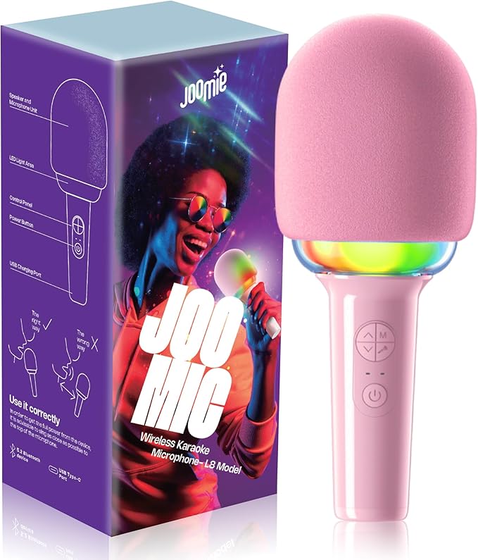 Joomie Pink Kids Microphone for Singing – 4 in 1 Bluetooth Karaoke Portable Microphone Wireless Mic with LED Disco Light, Speaker, Voice Changing, Echo Effect, Birthday Kids Toys Gift for Girls Boys