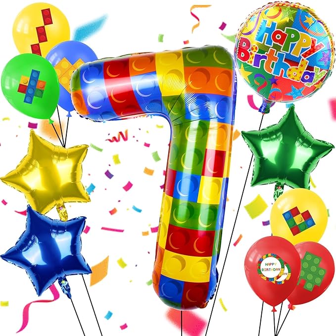 40 Inch Building Block Number Balloon, Colorful Number Block Foil Balloons Large Big Numbers Helium Balloon for Girls Boys 7th Birthday Brick Theme Party Decorations (Number 7)