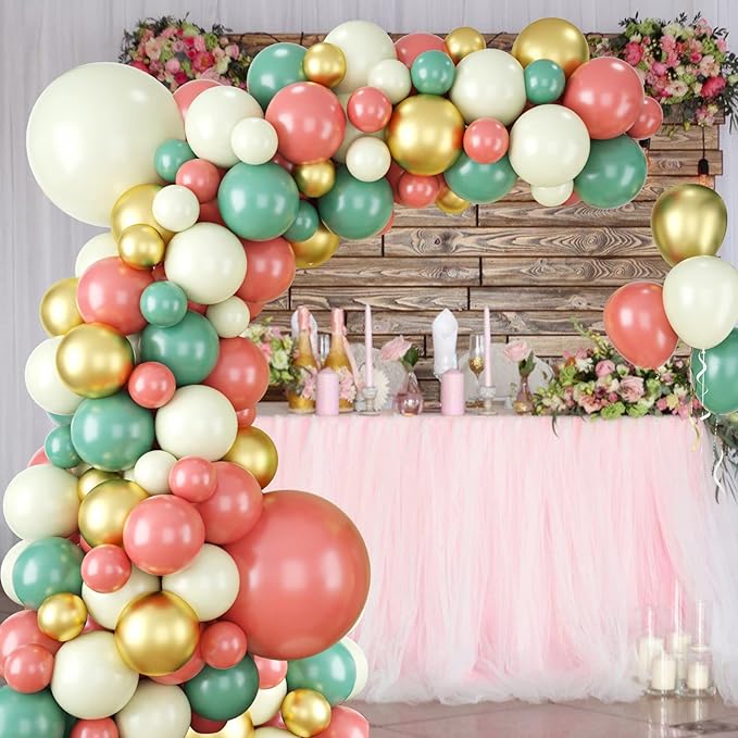 Sage Green Pink Balloon Garland Arch Kit, Green and Retro Pink Metallic Gold Latex Balloons for Baby Shower Wedding Birthday Graduation Anniversary Bachelorette Party Background Decoration