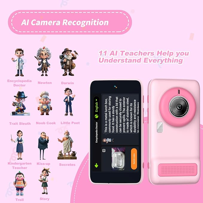Kids WiFi AI Camera with 11 AI Roles & Photo Recognition, 5MP Digital Camera for Kids, 3.97" IPS Screen, Educational Learning Toy, Christmas Birthday Gifts for Boys Girls Ages 3-12（Pink）
