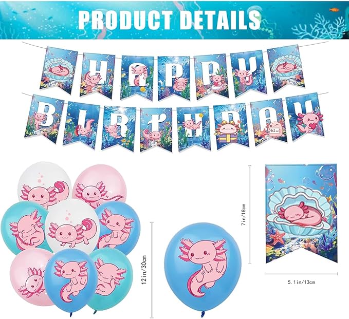 Axolotl Birthday Party Supplies Decorations Axolotl Balloons Cupcake Toppers Happy Birthday Banner Stickers Keychains Animal Party Decoration