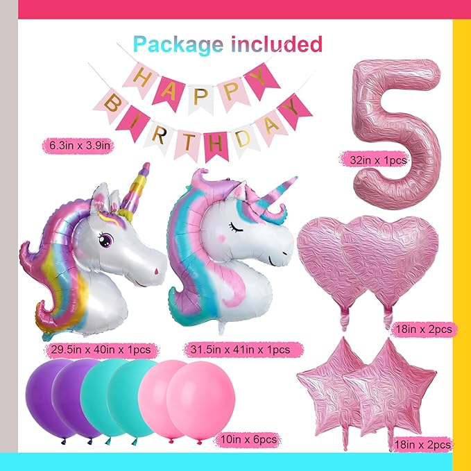 Yancan 5th Unicorn Birthday Decorations for Girls, 5 year old Girl Party Supplies with Happy Birthday Banner, Unicorn Balloons