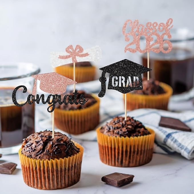 Black and Rose Gold Graduation Cupcake Toppers Decorations Class of 2026 Cupcake Topper Graduation Cup Cake Picks Congrats Grad Party Decor Supplies Set of 24