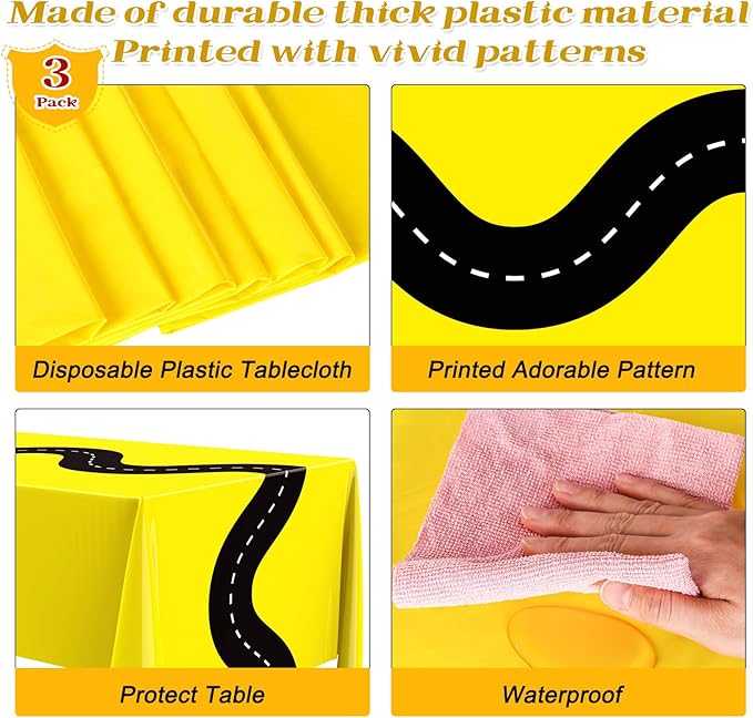 Irenare 3 Pcs Racing Table Cloths Car Birthday Party Supplies 54 x 108 Inch Racetrack Table Runner Covers Disposable Rectangular Road Tablecloth for Kids Boy Car Theme Birthday Party Decor (Yellow)
