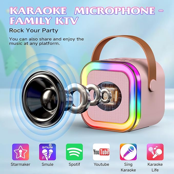 Karaoke Machine with 2 Mic, Wireless Microphones for Kids Adults Toddler with LED Party Lights, Mini Kids Microphone Christmas Birthday Gift for Girls Toys 4, 5, 6, 7, 8, 10 12+ Years Old 【Pink】