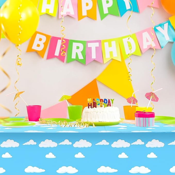Tatuo Blue Sky White Clouds Birthday Party Supplies Cartoon Story Tablecloth Party Table Cover Cartoon Table Banner for Birthday Decorations, 54 x 108 Inch(1 Piece)