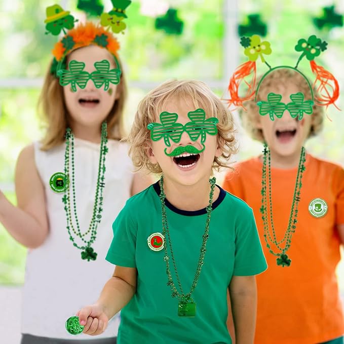 Winlyn Bulk St. Patrick's Day Novelty Jewelry Assortment St. Pat's Party Favors Supplies Shamrock Necklace Coins Head Bopper Bracelet Tattoo Mustaches Accessories for St. Patty's Day Irish Party Decor