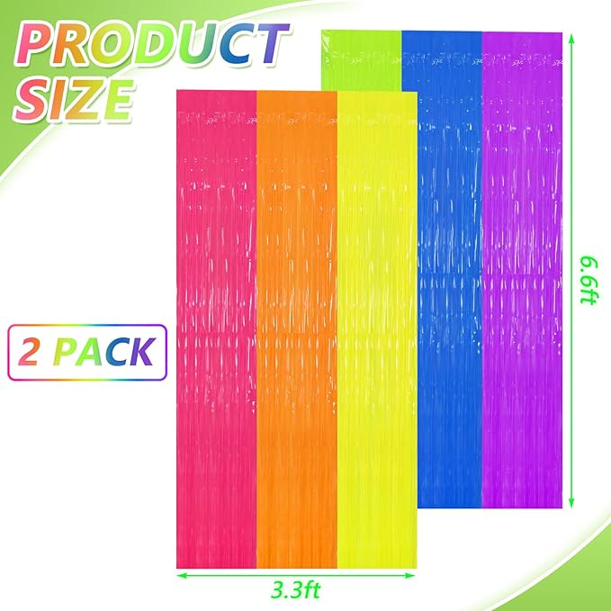 2 Pack Glow in The Dark Tinsel Curtains, Neon Party Decorations 3.3 x 6.6 Ft Blacklight Reactive Fluorescent Party Backdrop for Birthday， Wedding, Neon Party, Glow Party Decorations Supplies