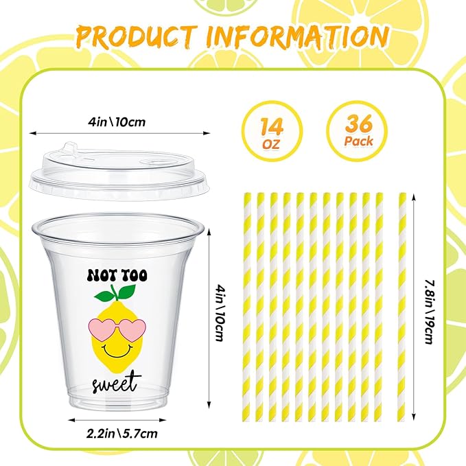 Boao 36 Sets Lemon Plastic Cups with Lids and Paper Straws 14 oz Yellow Lemon Birthday Party Supplies Beverage Drinking Cups Bulk for Summer Citrus Fruit Party Birthday Baby Shower
