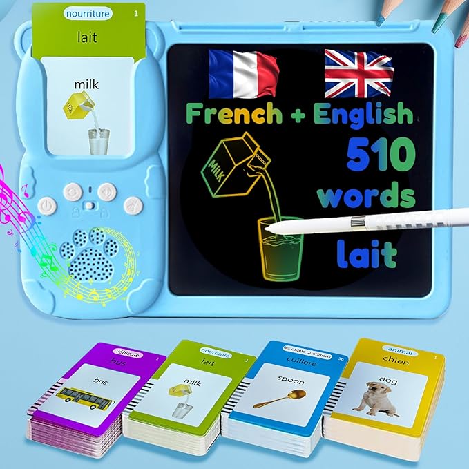 Drawing Tablet with Bilingual Flashcards for Kids - French English Talking Flash Cards, LCD Writing Pad Board, Pocket Speech for Toddlers, Learning Toy Gift for Boys Girls (French, Blue)