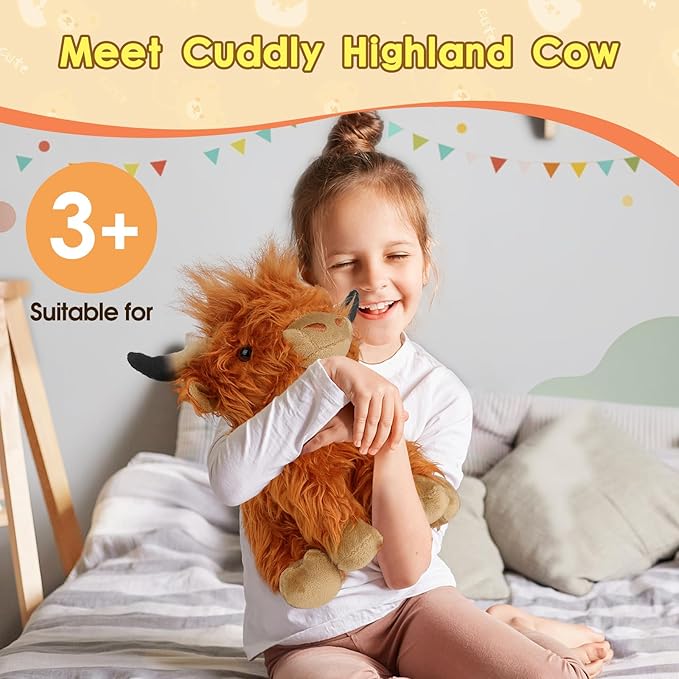 OROZCOR Highland Cow Stuffed Animal, Cute Fluffy Cow Plush Figure Toys,Realistic Farm Highland Cattle Plush Decor Gifts for Kids Baby Girls Boys (Brown Highland Cow)