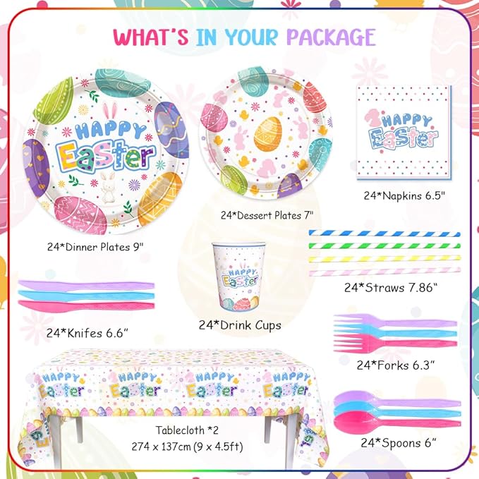 194 Pcs Easter Party Supplies Decorations Happy Easter Party Plates Napkins Decorations Bunny Egg Easter Disposable Tableware Set with Plates Napkins and Tablecloth Serves 24 Guests