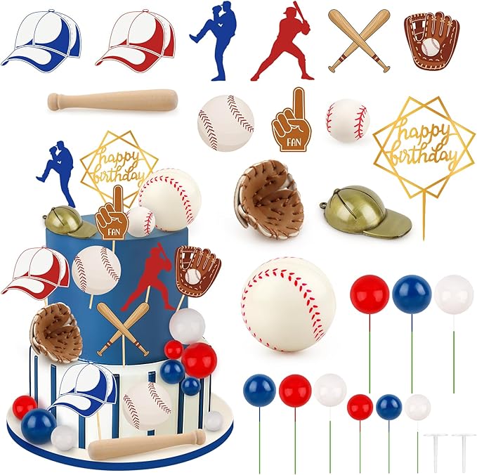 Baseball Cake Decorations 26PCS Baseball Cake Toppers for Boys Sports Theme Party Decoration with Baseballs Bat Glove Hat Player Red White Blue Balls for Baseball Themed Birthday Party Decorations