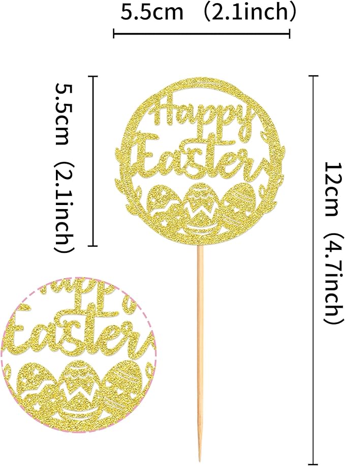 Ercadio 24Pcs Happy Easter Cupcake Toppers Glitter Golden Happy Easter Eggs Cupcake Picks for Easter Day Theme Baby Shower Easter Birthday Wedding Anniversary Party Cupcake Decorations