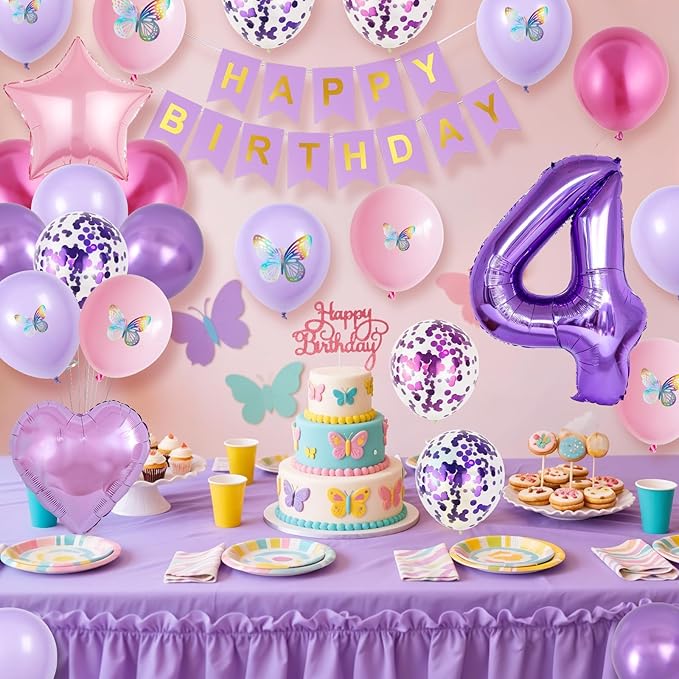 4th Pink Purple Birthday Decorations,Pink Purple 4th Birthday Balloons for Girls Lavender Party Decor Banner Number 4 Balloons Cake Topper Butterfly Party Decorations for 4 Year Old Girls