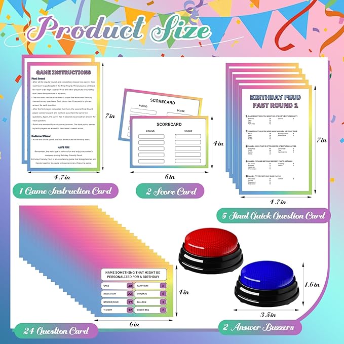 Soulchen Birthday Friendly Feud Game Set Birthday Party Game Trivia Quiz with Cards and 2 Buzzer for Family Home Games Activities Party Supplies, Battery Not Included