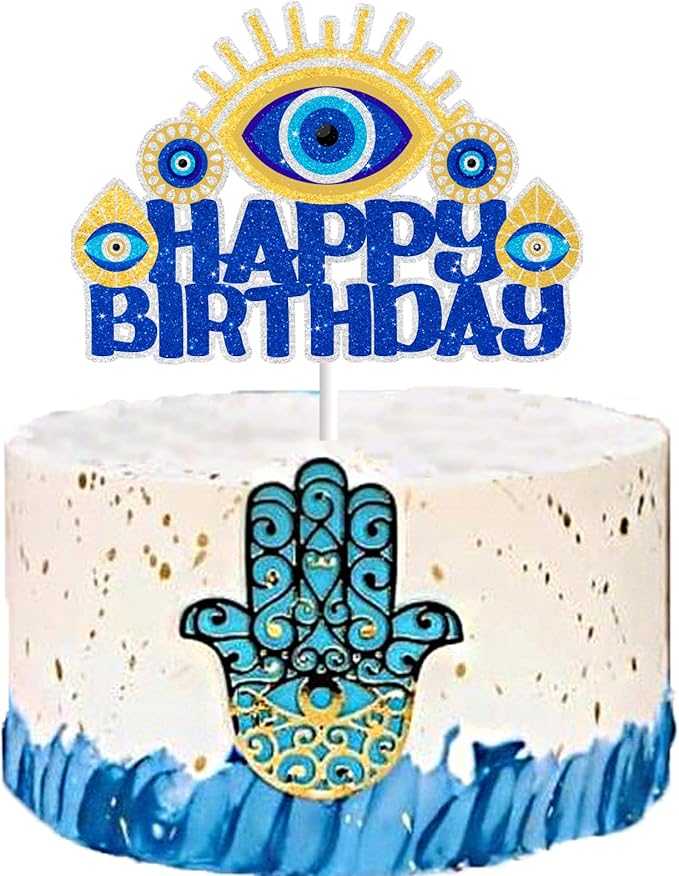 Evil Eye Cake Topper for Happy Birthday Evil Eye Party Supplies Egyptian Theme Party Decorations Blue Glitter Egyptian Evil Eye Cake Decorations