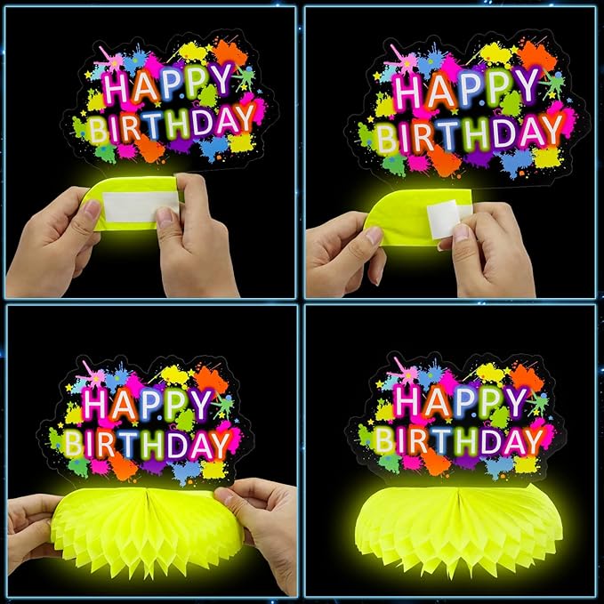 10 Pieces Glow in The Dark Party Table Decorations, Neon Table Honeycomb Centerpiece and Let's Glow Tablecloths Set - Black Light Table Topper Neon Decorations for Kids Glow in Dark Party Supplies