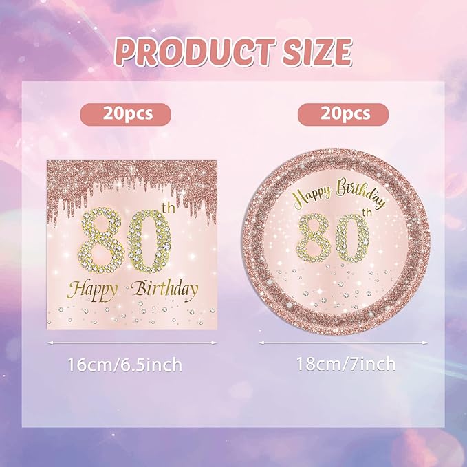 40PCS 80th Birthday Decorations for Women Vintage 1946 80 Year Old Party Decorations Include 80th Birthday Plates and Napkins Set Rose Gold Birthday Disposable Tableware Kit for Girl Ladies Women