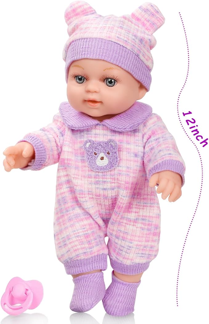 12'' Baby Doll with Bear Pattern Backpack in Gift Box,Including Clothes Accessories, Backpack, Baby Bottle, Pacifier, Hat, Socks, and Handkerchief for 3+ Child Girls Gifts