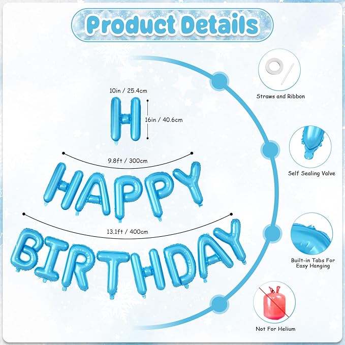 29PC Blue Winter Happy Birthday Balloon Banner, 16Inch 3D Aluminum Letter Banner Sign, White Metallic Blue Silver Snow Balloons 18 Inch Snowflake Foil Balloon for Frozen Party Decorations
