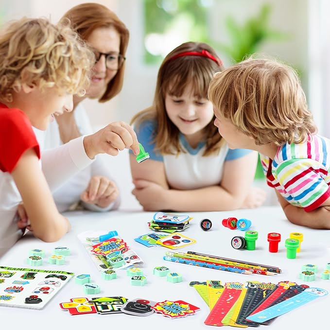 Cholemy 168 Pcs Video Game Party Favors Include Gaming Mini Notebook Gamer Birthday Sticker Pencil Stamper Ruler Eraser for Boy Teen Game Gifts Classroom Rewards Favor Party Supplies Decor(Bright)
