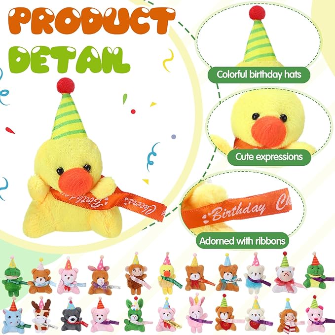 Skylety 50 Pcs Mini Stuffed Animals Bulk Cute Safari Jungle Small Plush Doll Toy Set Tiny Plush Keychain Decoration for Easter Party Favor Gift Carnival Classroom Prize(Birthday Animals,Classic Color)