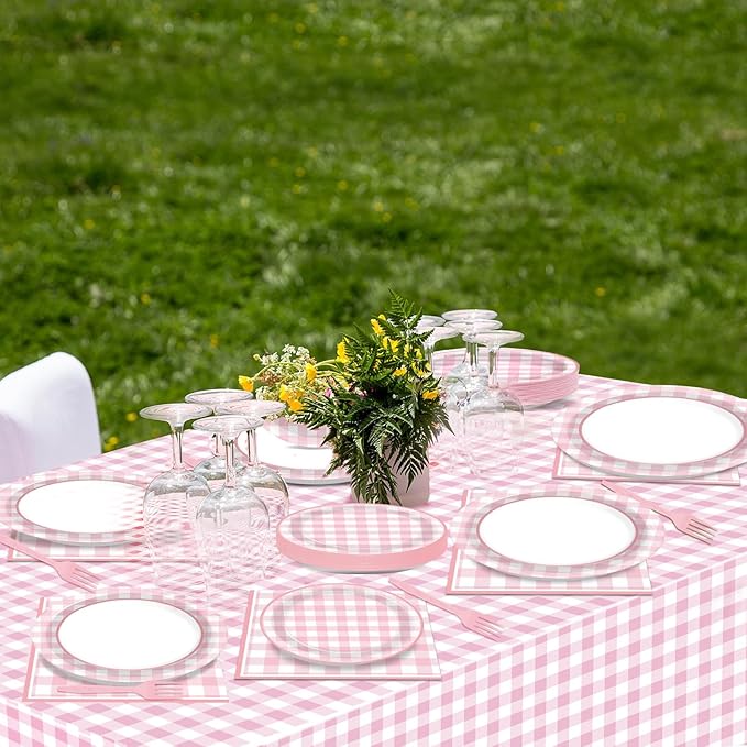 98 Pieces Pink checkered Party Supplies for 24 Guests Pink and White Checkered Tableware Set Plaid Plates Napkins Tablecloth Party Decorations for Birthday Barbecue Picnic Dinner Favors