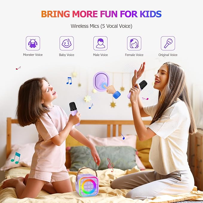 Mini Karaoke Machine with 2 Wireless Microphone, Portable Purple Bluetooth Speaker for Kids, Birthday Teen Toys Gifts Ideas for Girls Ages 4, 5, 6, 7, 8, 9, 10, 12+ Year Old, Family Home Party