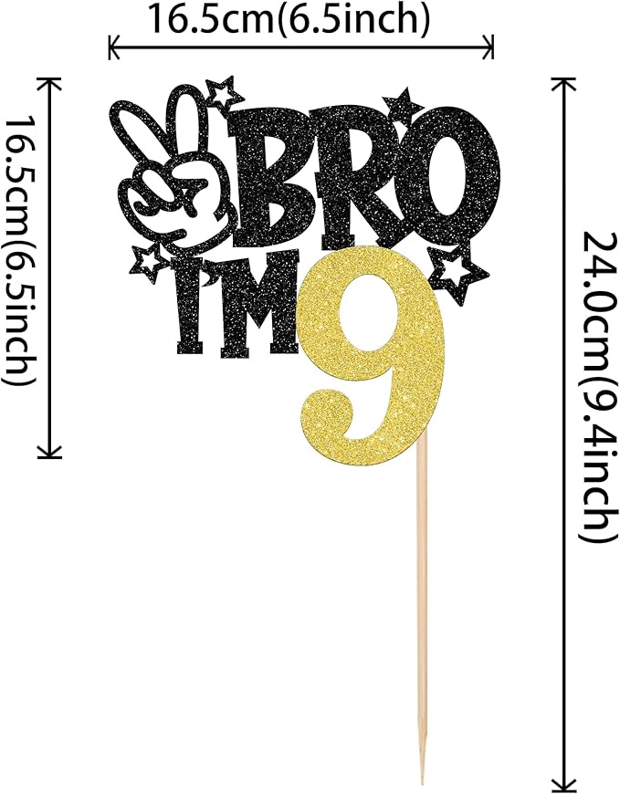 1 PCS Brother I'm 9 Cake Topper Glitter Star Happy 9th Birthday Cake Pick Bro I'm 9 Cake Decoration It's My 9th Birthday Decorations for Boys Cheers to 9 Years Old Birthday Party Supplies Gold