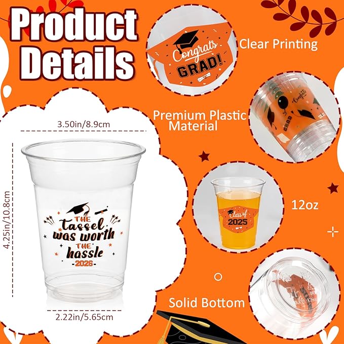 GuassLee Black and Orange Graduation Decorations Class of 2026, 50 Pack 12 oz Graduation Plastic Disposable Cups for Drinks 2026 School Grad Party Favors Supplies