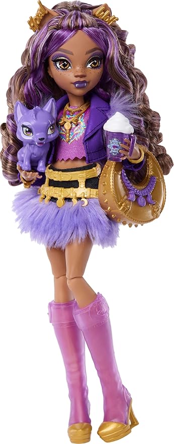 Monster High Doll, Clawdeen Wolf in Purple Moto Jacket and Furry Skirt with Pet Wolf Pup Crescent and 7 Accessories Like Book, Croissant and Purse