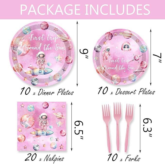 51 Pcs First Trip Around The Sun Birthday Party Supplies Pink Outer Space Tablecloth Paper Dinner Plates Napkins Forks Dinnerware for Space Theme Baby Shower Girls 1st Birthday Party Decorations