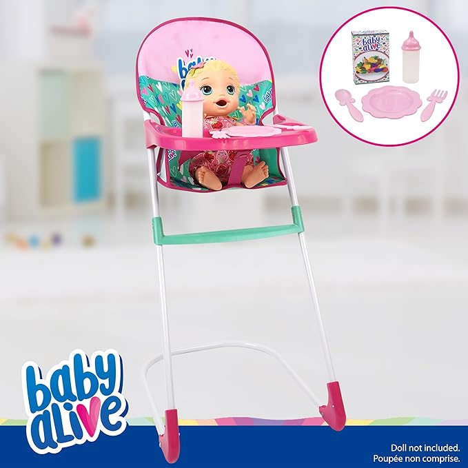 Baby Alive: at Home Set - 7pcs - Green, Pink, Hearts - Play Yard, Highchair, Feeding Accessories, Playset for Dolls Up to 18", Kids Toy, Ages 3+