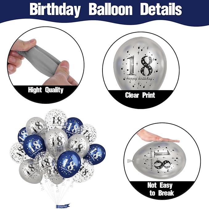 Happy 18th Birthday Balloons for Boys, Navy Blue Silver 18th Birthday Party Decorations for Him, 15 Pieces 18th Balloons for Boys Age 18 Years Old Birthday Celebration Party Decorations Supplies
