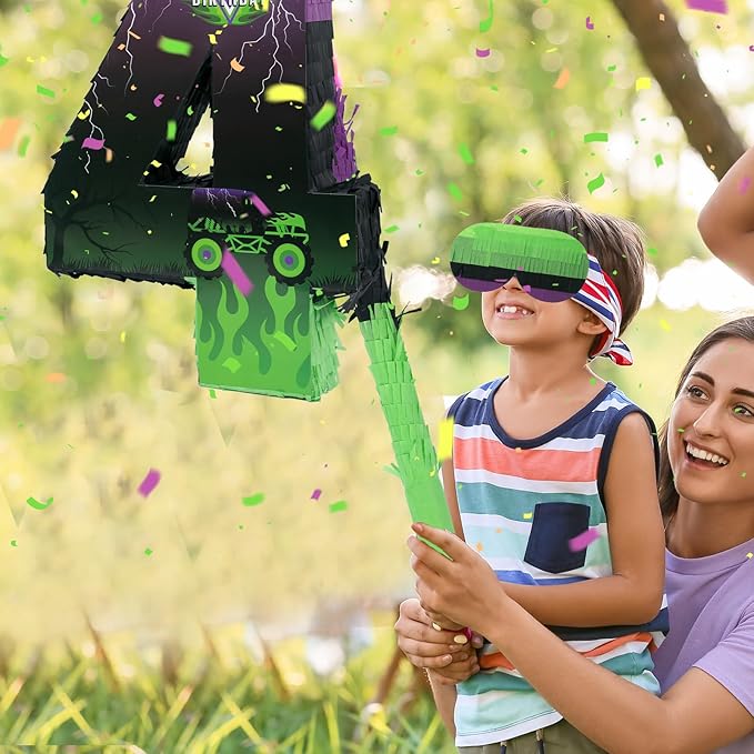 Monster Truck Car Number 4 Pinata for 4th Birthday Party Decorations, Birthday Pinata with Stick Blindfold and Confetti for Green and Purple Party Supplies Celebration (Small, 15.8 x 11.5 x 2.45 In)