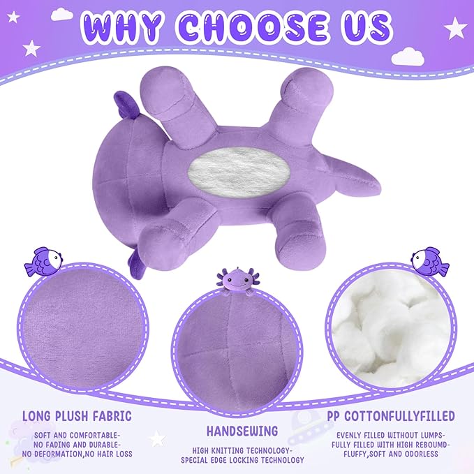 10.8 inch Plush Axolotl Stuffed Animal, Axolotl Plush Toys, Cute Stuffed Cotton Plush Pillow Kawaii Salamander Gifts for Girls & Boys, Plushies has (Purple Axolotl)