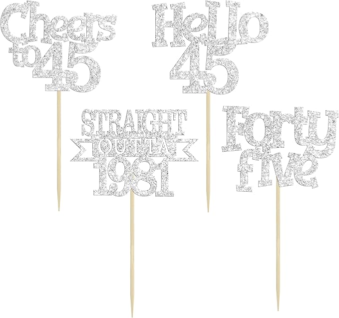 Ephlyn 24Pcs 45th Birthday Cupcake Toppers Glitter Straight Outta 1981 Cupcake Picks Hello 45 Cheers to 45 Years Cake Decorations for 45th Birthday Anniversary Party Decorations Supplies Silver