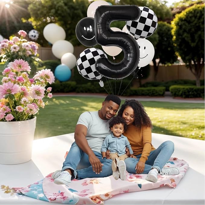 100% LIKED- 40” Black Five|Black & White Smiley Face Latex |Checkered Foil for Birthday Decorations, Smiley Face Party Deco, Baby Shower,3rd Birthday Party Supplies