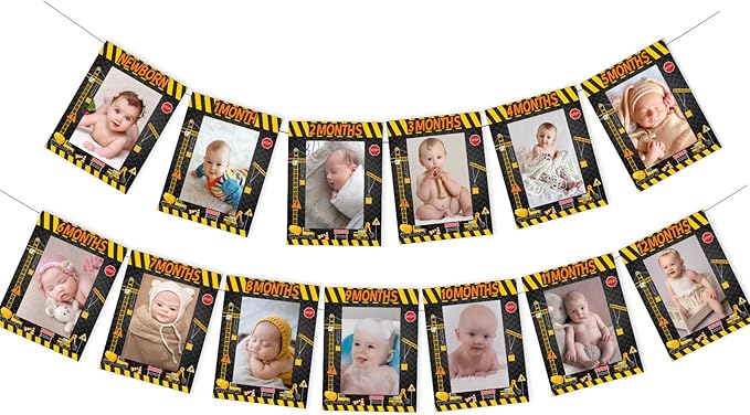 Sursurprise Construction 1st Birthday Party Supplies, Construction Photo Banner from Newborn to 12 Months, Dump Truck Excavator Vehicle First Birthday Decorations