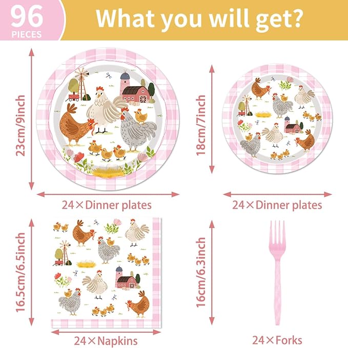 96Pcs Chicken Birthday Party Decorations Supplies – Farm Animal Barnyard Hen Chick Tableware Set, Plates Napkins Forks for Baby Shower Chicken Themed Party Dinnerware, Serves 24