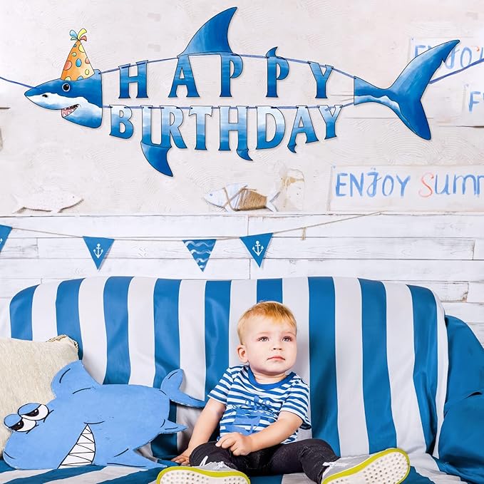 WERNNSAI Shark Happy Birthday Banner - Pre-strung Shark Birthday Banner for Kids Boys, Ocean Theme Party Supplies, Beach Under The Sea Theme Party Hanging Wall Decor