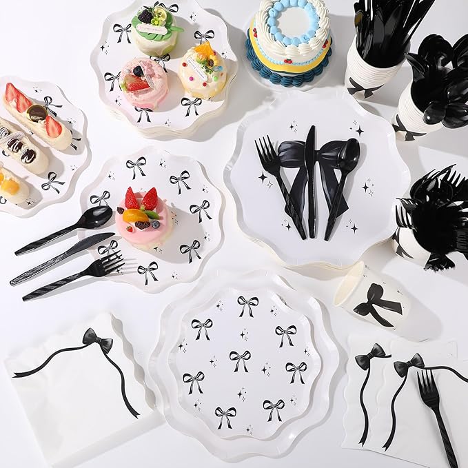 350 Pcs Bow Black Party Supplies Tableware Set Disposable 9'' 7'' Paper Plates 9 oz Cups Cutlery Napkins Dinnerware Set for 1st Birthday, Serve 50 (Bow, Black)