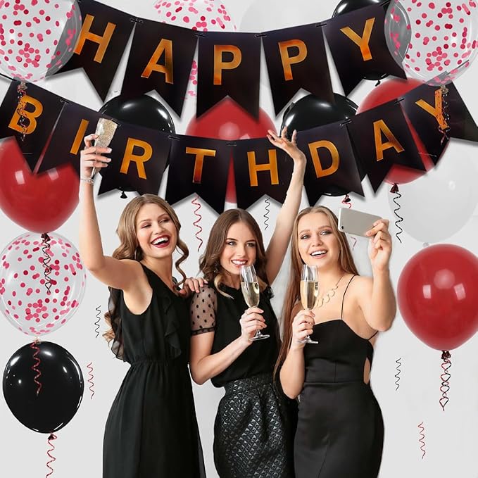 Happy Birthday Banner, Red Birthday Decoration, 16 pcs 12 inch Balloons with 2 Ribbons for Men Women Girls and Boys Party Decoration