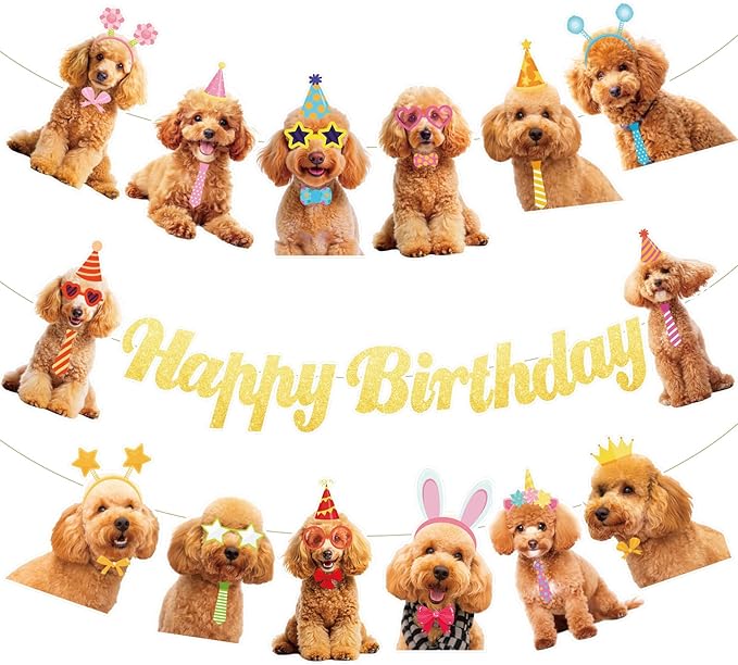 Dog Happy Birthday Banner, Golden Doodle Birthday Party Decorations Gold Glitter Puppy Birthday Banner Decorations for Pet Dog Theme Party Bunting Decoration Baby Shower Party Supplies