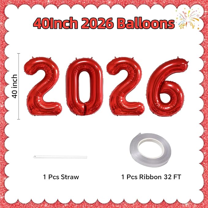 KALOR 42 Inch 2026 Red Foil Mylar Number Balloons, 2026 New Years Decorations for 2026 Happy New Year Eve and Graduations Party Supplies