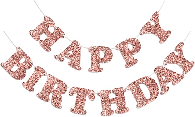 Glitter Rose Gold Happy Birthday Banner Birthday Party Decorations Sign Garland Bunting Banner for Wall Decor Party Background for Kids Boys Girls Adults