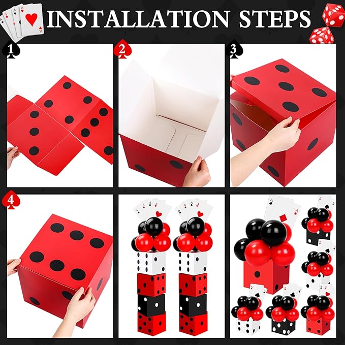 68 Pcs Casino Party Boxes Balloon Poker Cards Decoration-16 Pcs 11 in Casino Dice Favor Boxes 16 Jumbo Playing Cards 36 Balloons for Game Night Birthday Grad Prom Party Supplies(Multicolor)