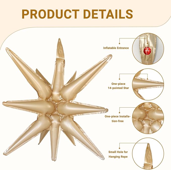 6 Pcs Caramel Colour Star Foil Balloons One-Piece 14-Pointed Star Balloon 4D Starburst Cone Mylar Balloon 22inch Christmas Birthday Wedding Wedding Anniversary Party Supplies(Caramel Colour)